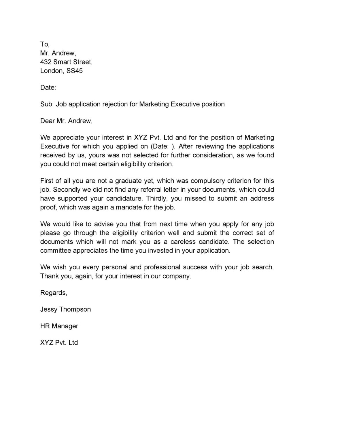 job rejection letter reply