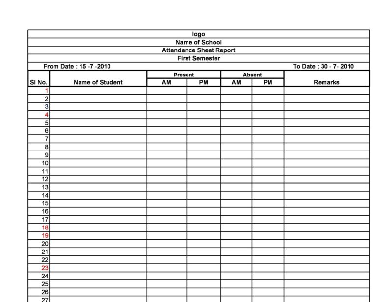 Attendance Sheet Excel Template 50 Free Example RedlineSP