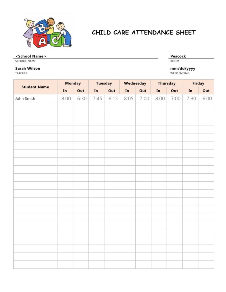 Child Care Attendance Sheet