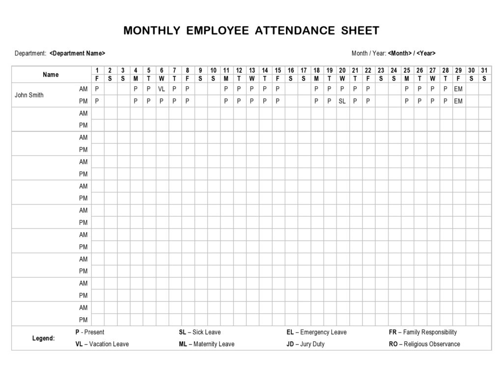 Employee Attendance Sheet Monthly