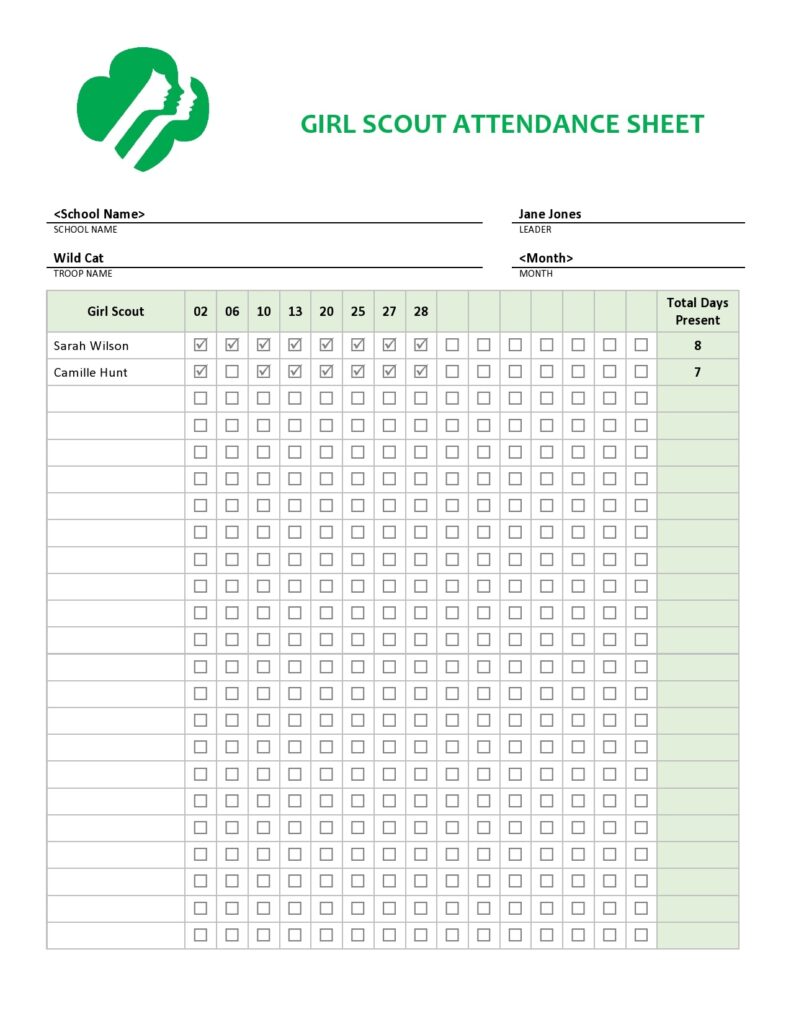 Girl Scout Attendance Sheet