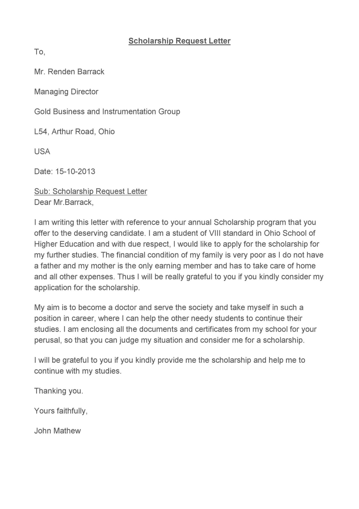 what is an example of application letter for scholarship request