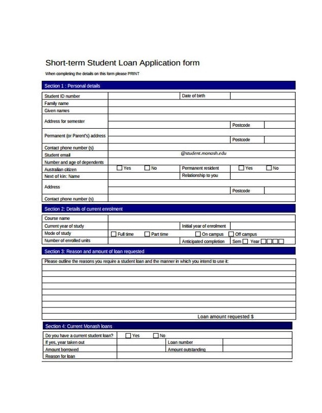 Short Term Student Loan Application Form