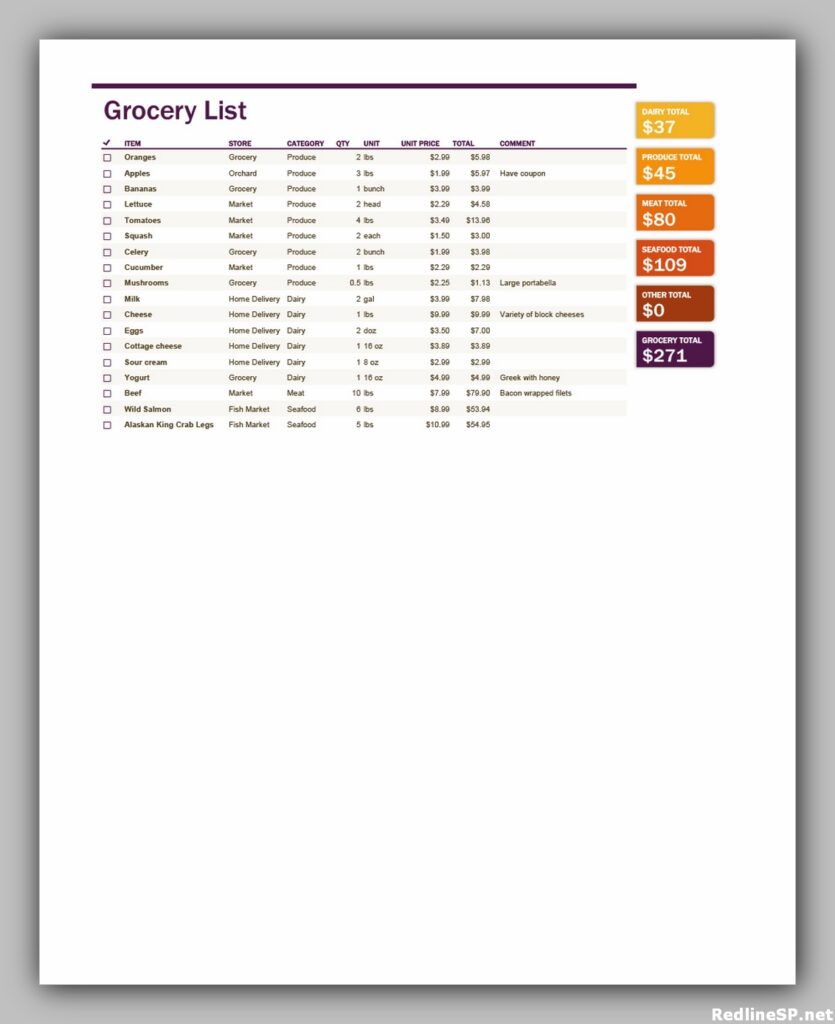 Grocery list template excel
