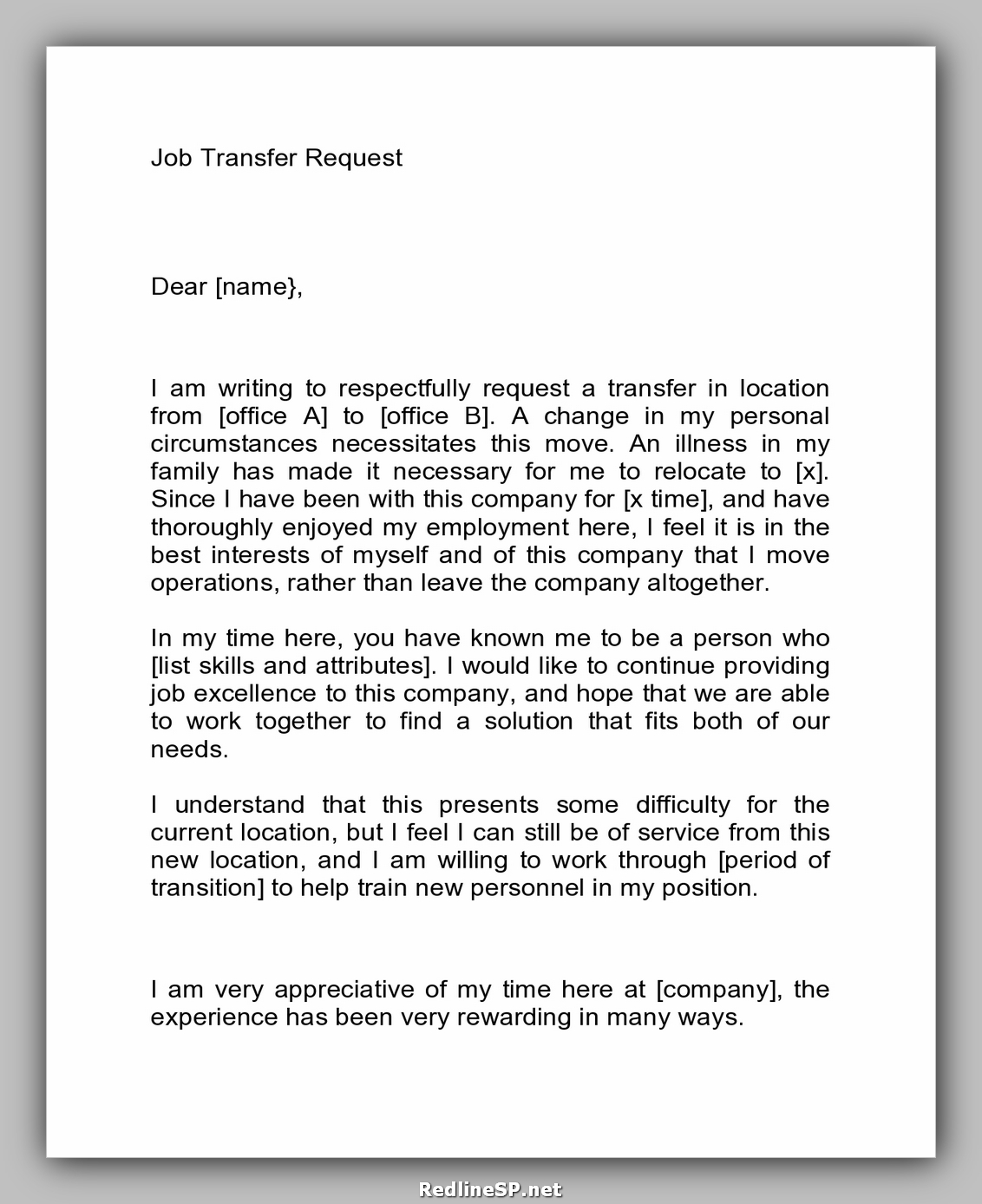 application letter for job transfer sample