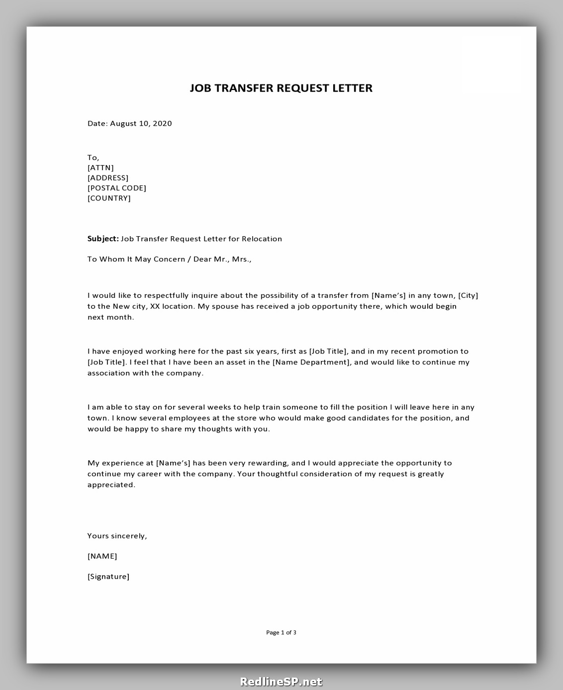 job reassignment letter template