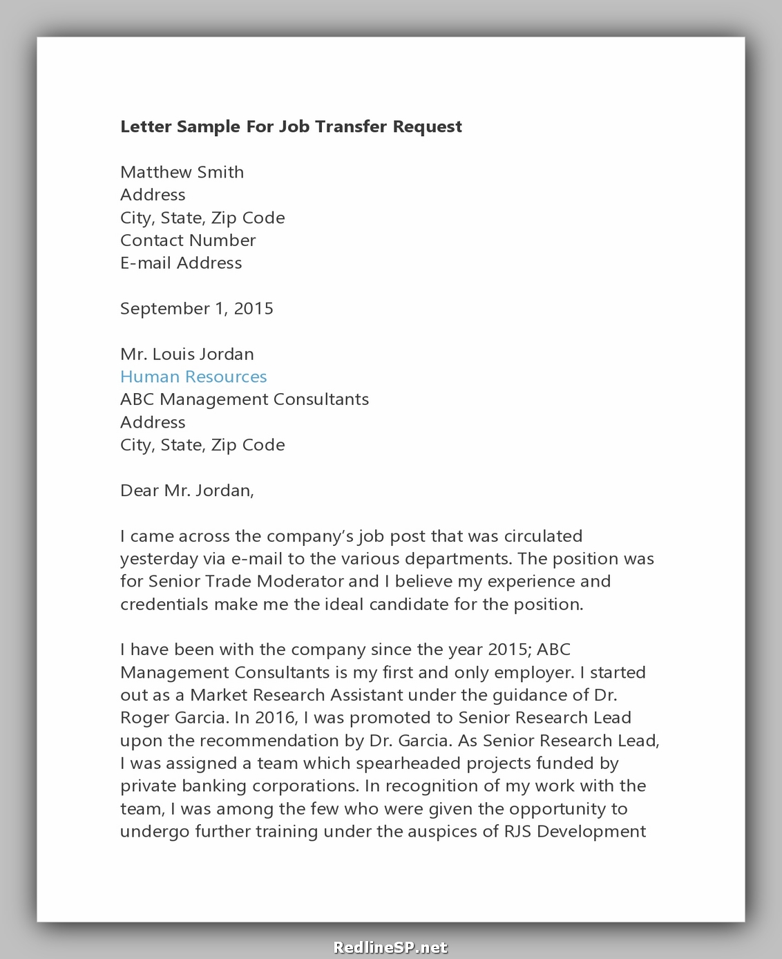 application letter for job transfer sample