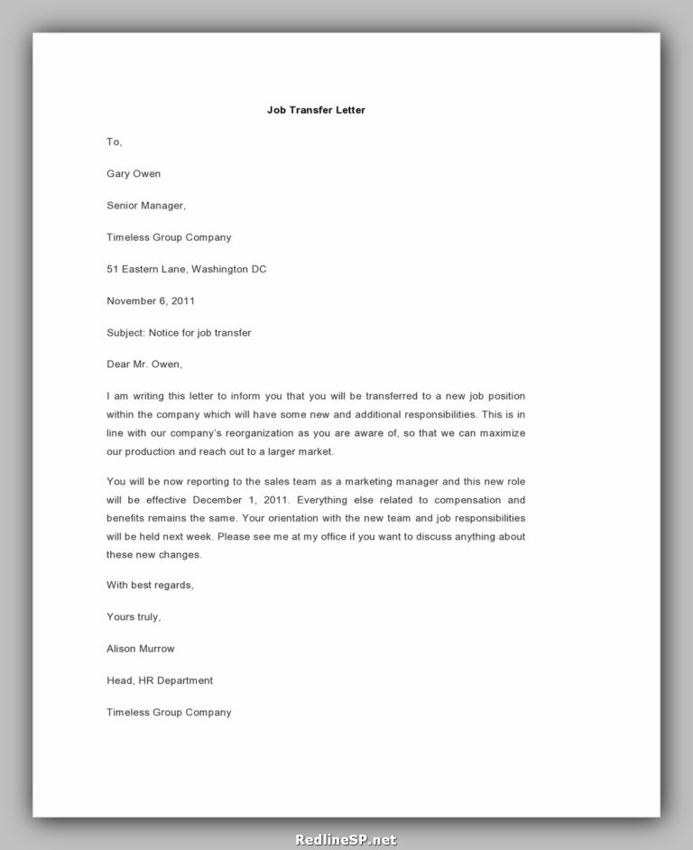application letter for job transfer sample