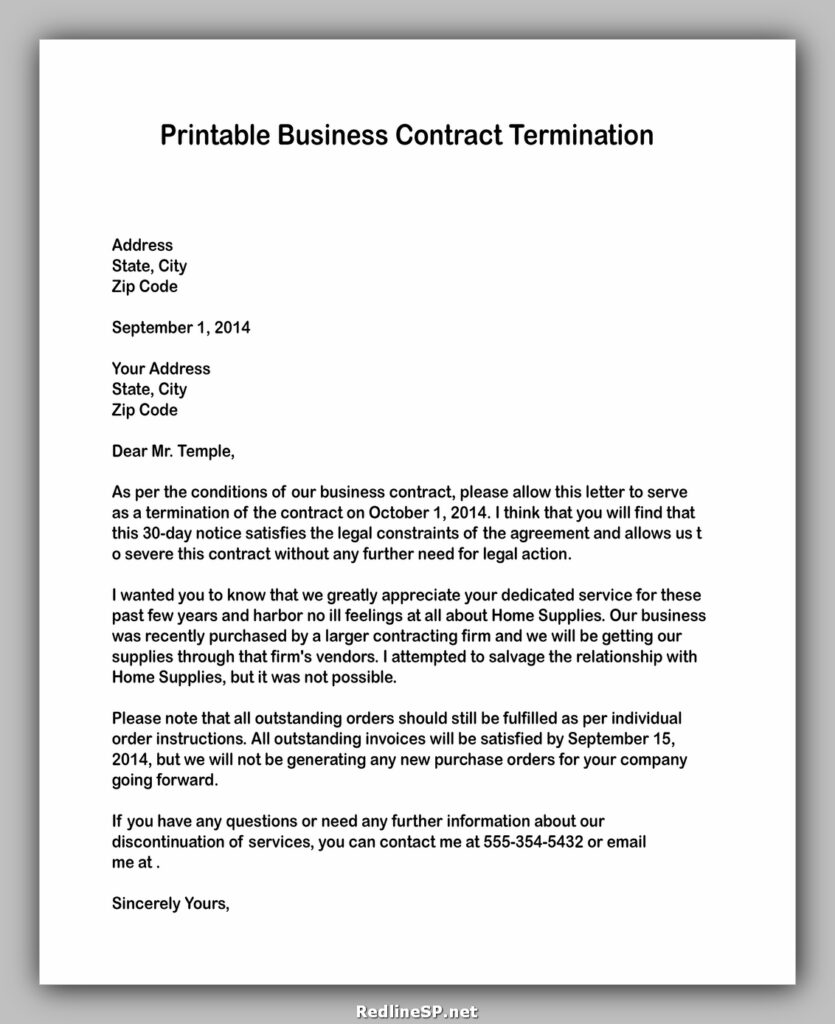 Printable Cancellation of Business Contract letter