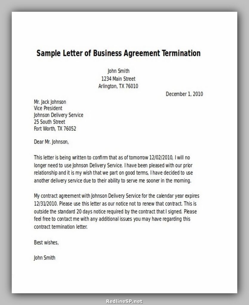 Sample Letter of Business Agreement Termination