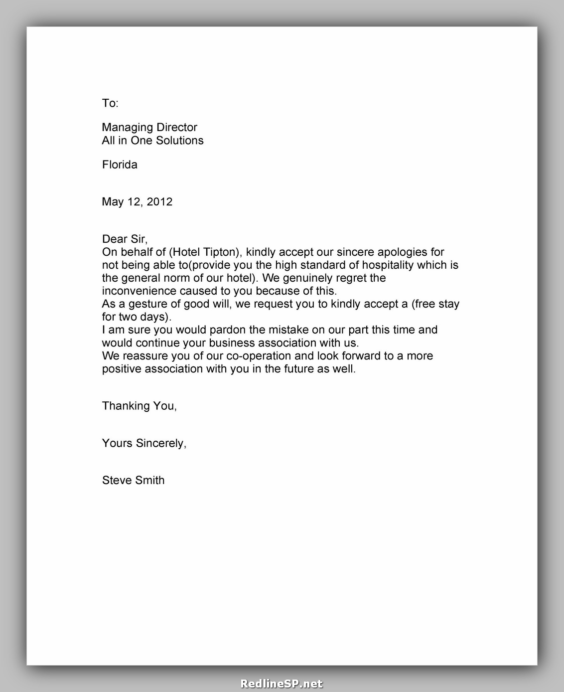 Example Of Apology Letter