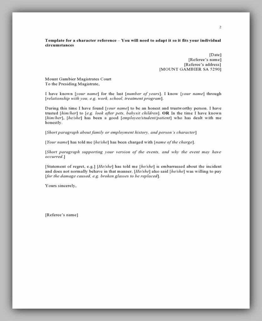 Character Reference Letter Template Word