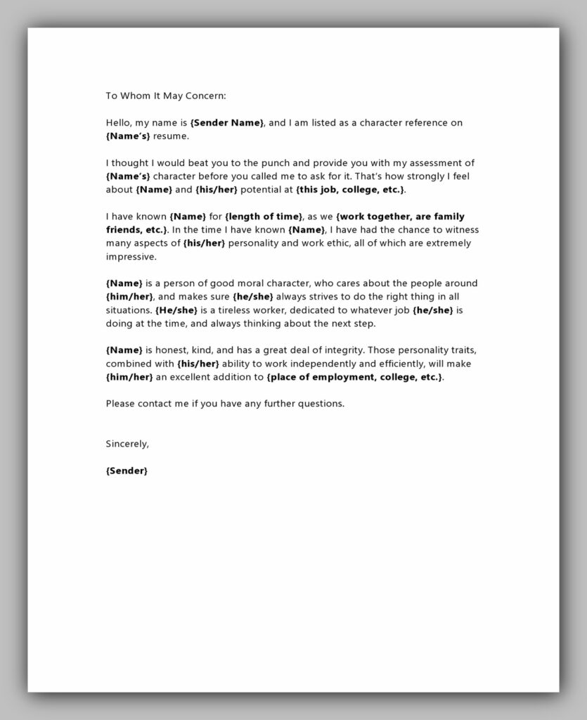 Sample Personal Character Reference Letter