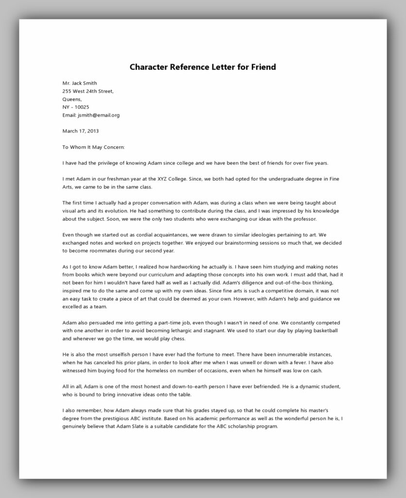 Character Reference Letter for friend