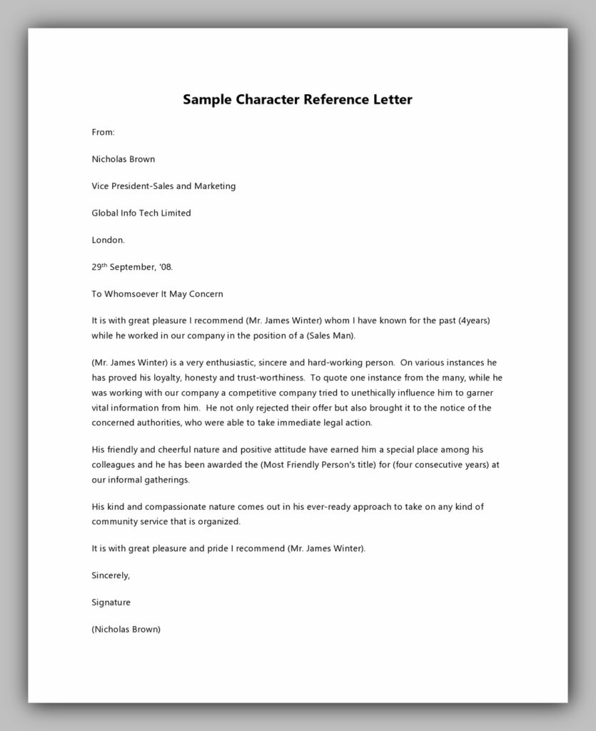 Sample Character Reference Letter Free