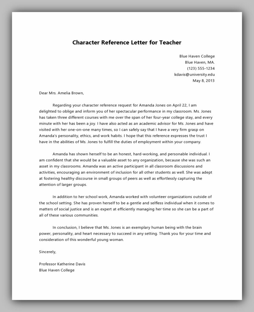 Character Reference Letter for Teacher Character Reference Letter for Teacher