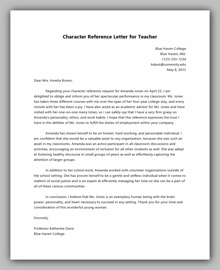 Character Reference Letter for Teacher