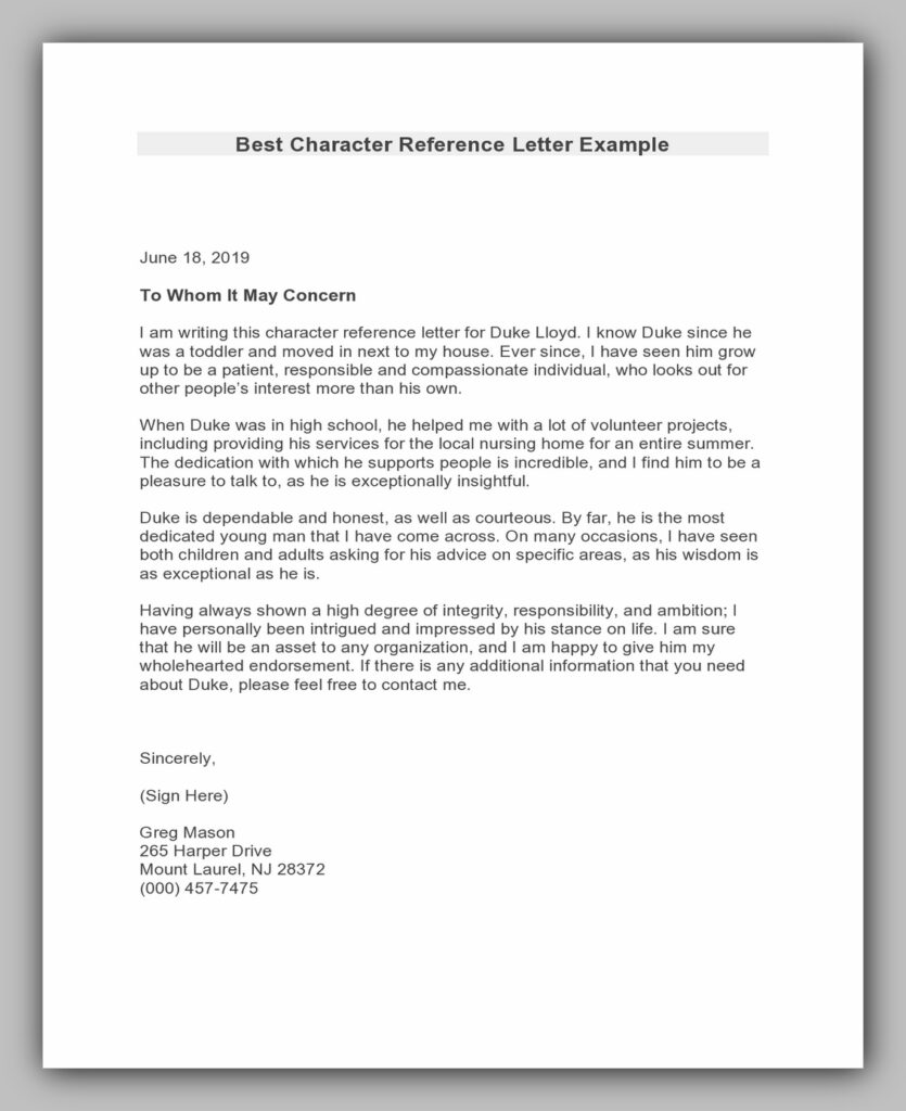 Best Character Reference Letter Example