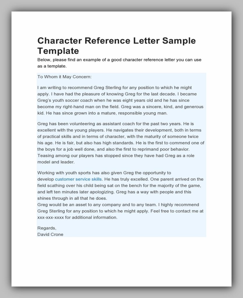 Character Reference Letter Sample Template