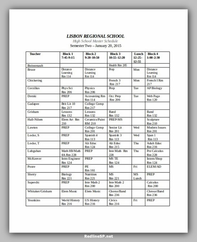 High School Master Schedule Template