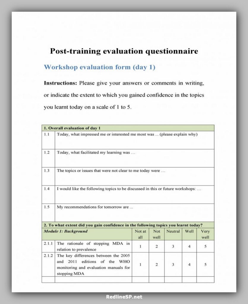 Post Training Evaluation Questionnaire Template