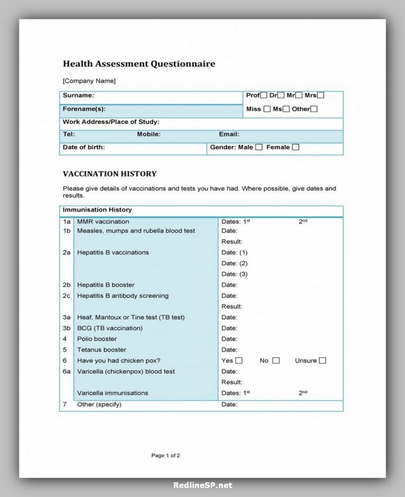 Health Assessment Questionnaire Template
