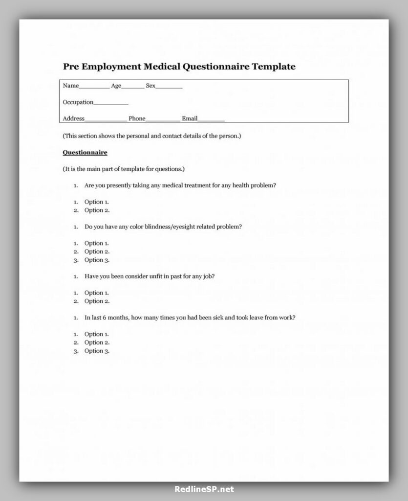 Pre Employment Medical Questionnaire Template