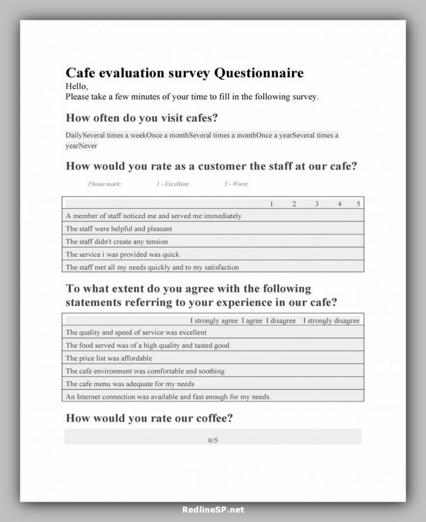 Cafe Evaluation Survey Questionnaire Template