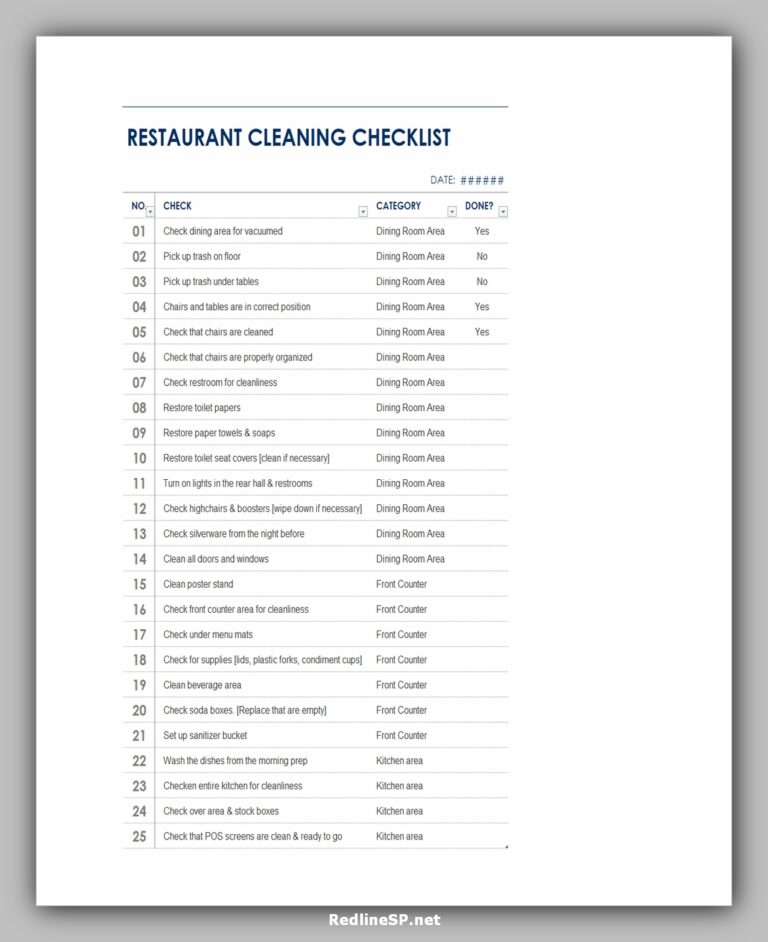 Restaurant Cleaning Checklist Template Excel