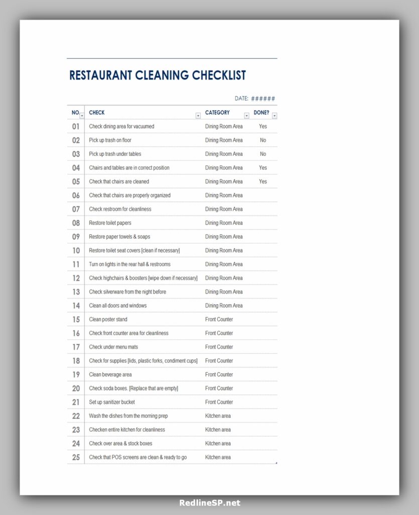 Restaurant Cleaning Checklist Excel