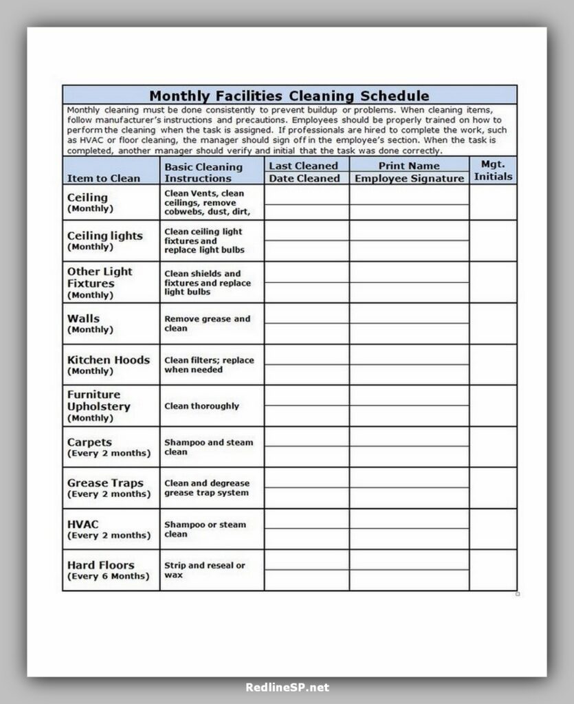 Restaurant Cleaning Schedule