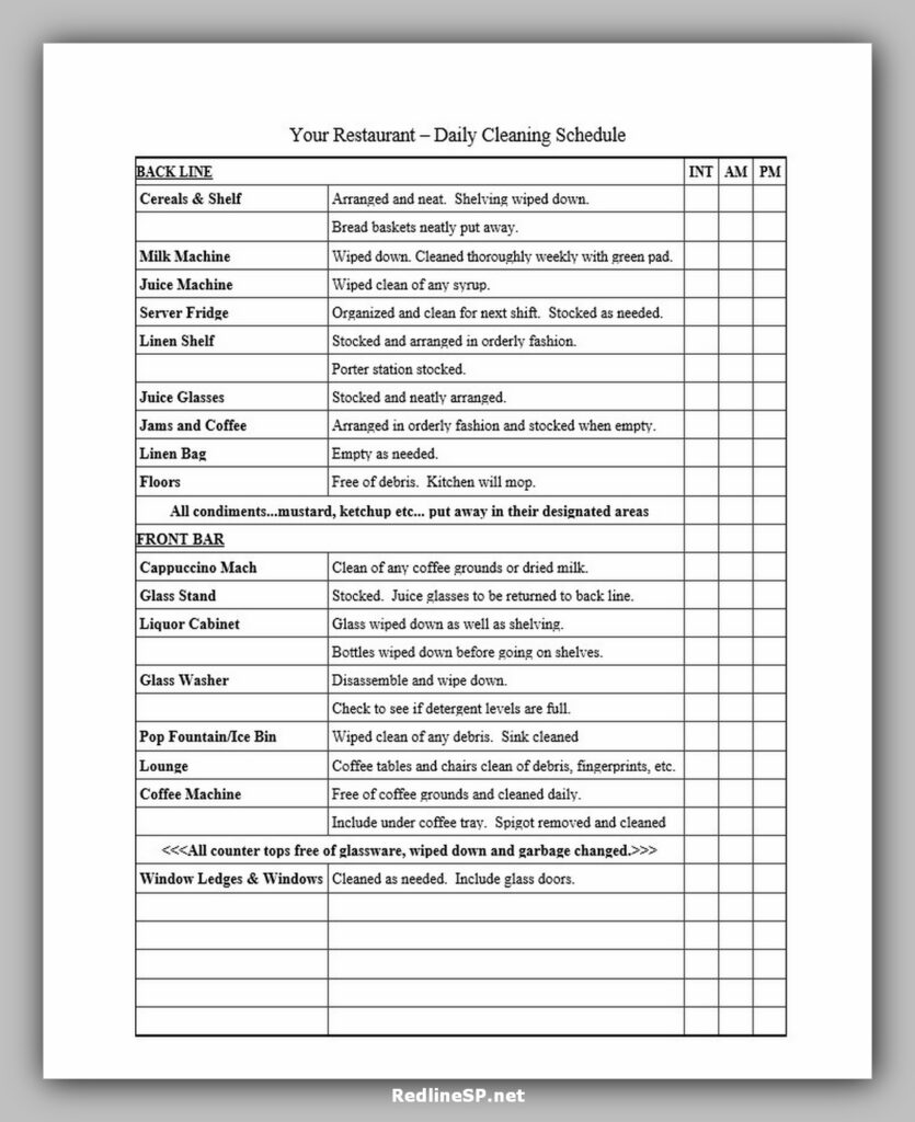 Restaurant Cleaning Schedule Template