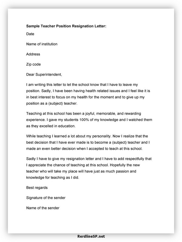 Teacher Resignation Letter Sample 10