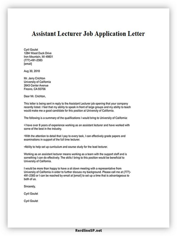 Assistant Lecturer Job Application Letter