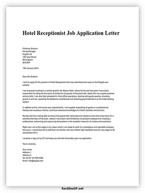 Hotel Receptionist Job Application Letter