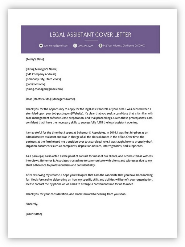 Legal Assistant Cover Letter Template
