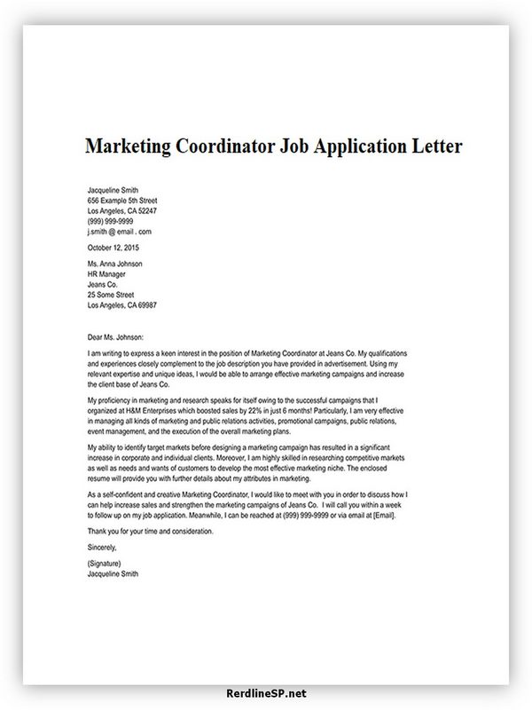 Marketing Coordinator Job Application Letter