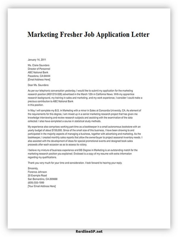Marketing Fresher Job Application Letter