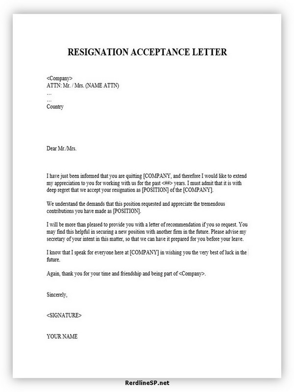 acceptance letter for resignation