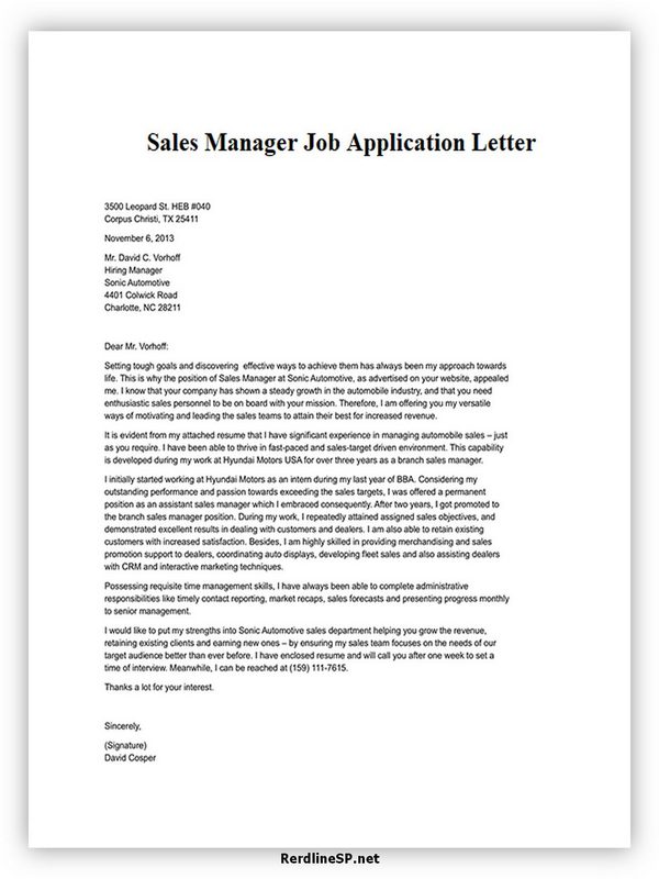 Sales Manager Job Application Letter