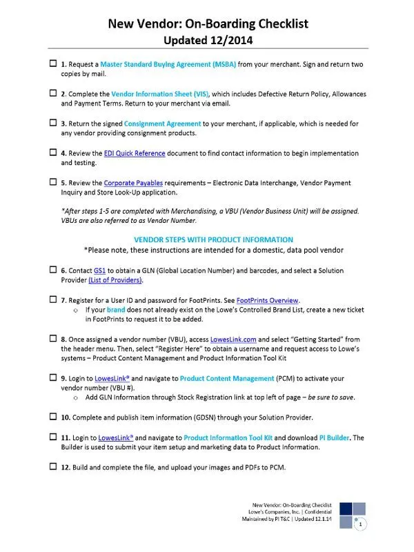 New Vendor Onboarding Cheklist Template