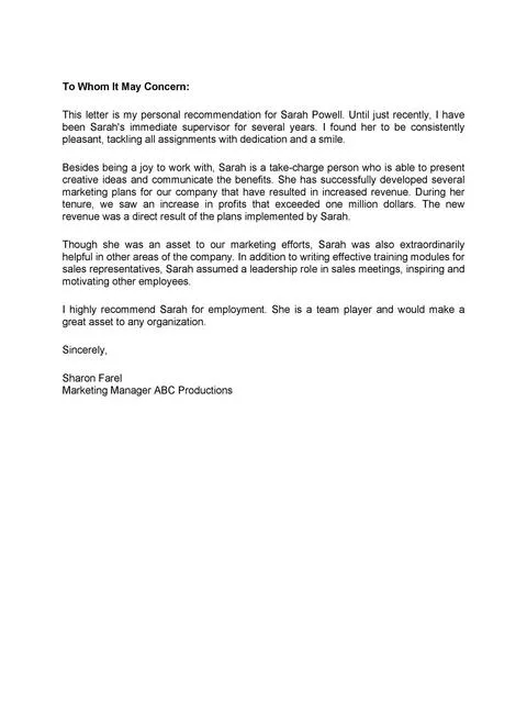 Recommendation Letter From Manager Template 28
