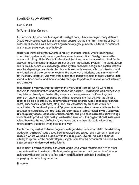 Recommendation Letter From Manager Template 39