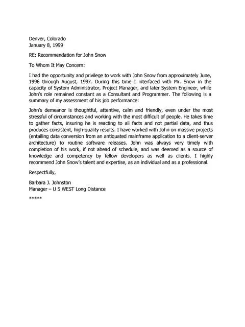 Recommendation Letter From Manager Template 41