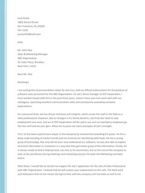 Recommendation Letter From Manager Template 47
