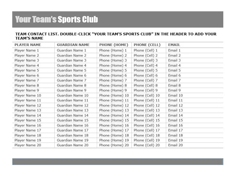 Sport Team Roster Template