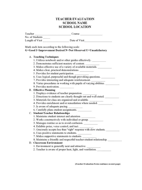 Teacher Evaluation Form Template 01