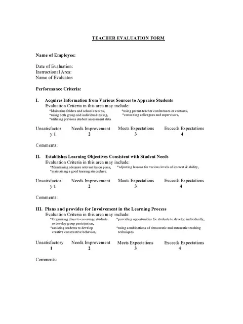 Teacher Evaluation Form Template 12