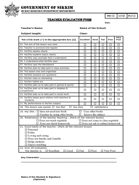 Teacher Evaluation Form Template 32