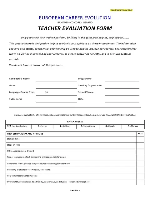 Teacher Evaluation Form Template 41